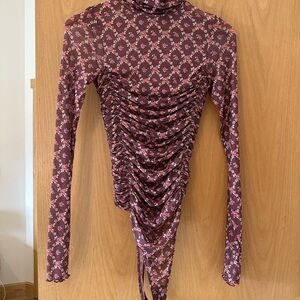 Anthropologie Burgundy Floral Ruched Long-Sleeve Turtleneck bodysuit
